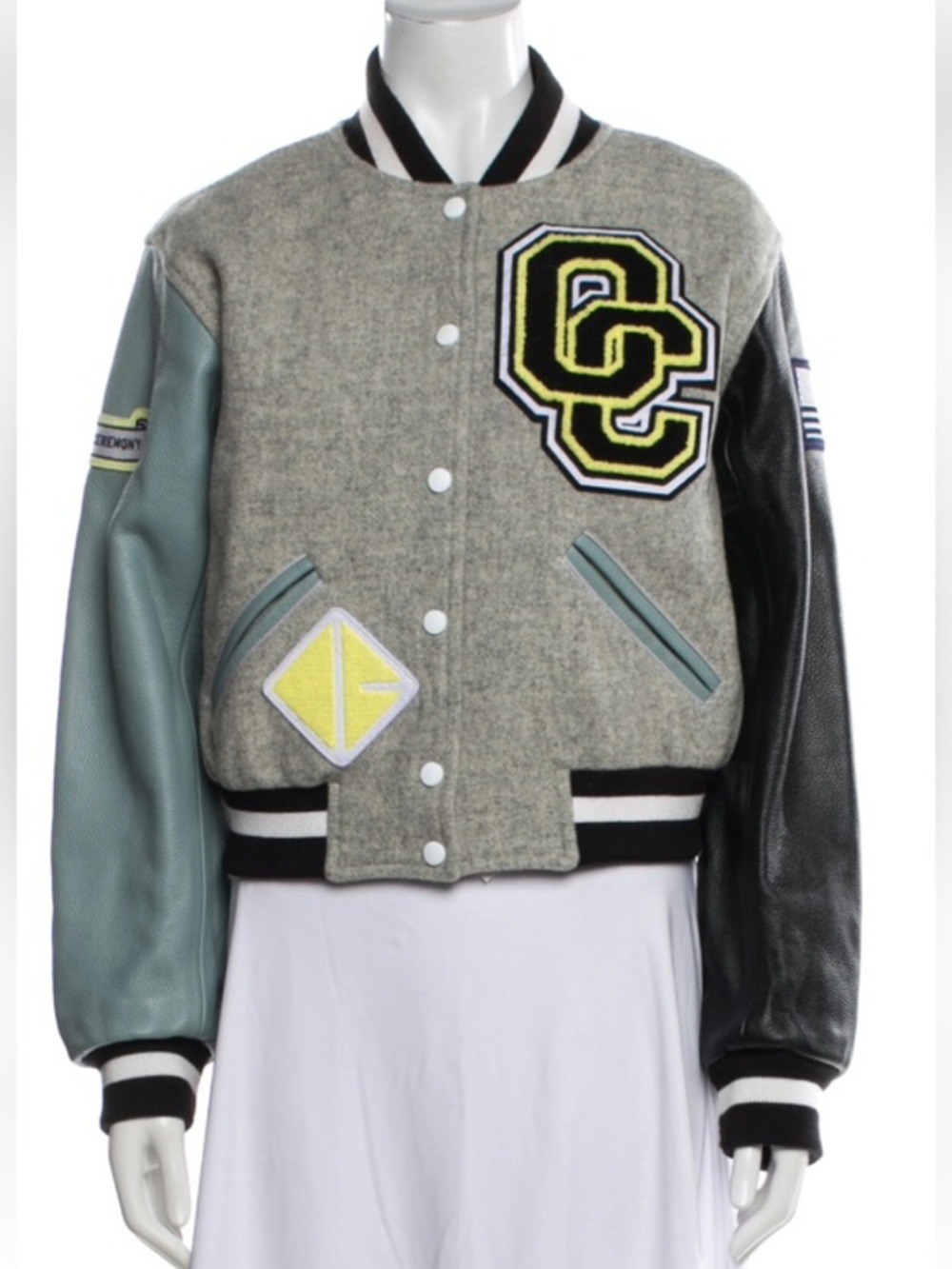 Opening Ceremony Grey Wool Varsity Jacket with Black & Mint Leather Sleeves